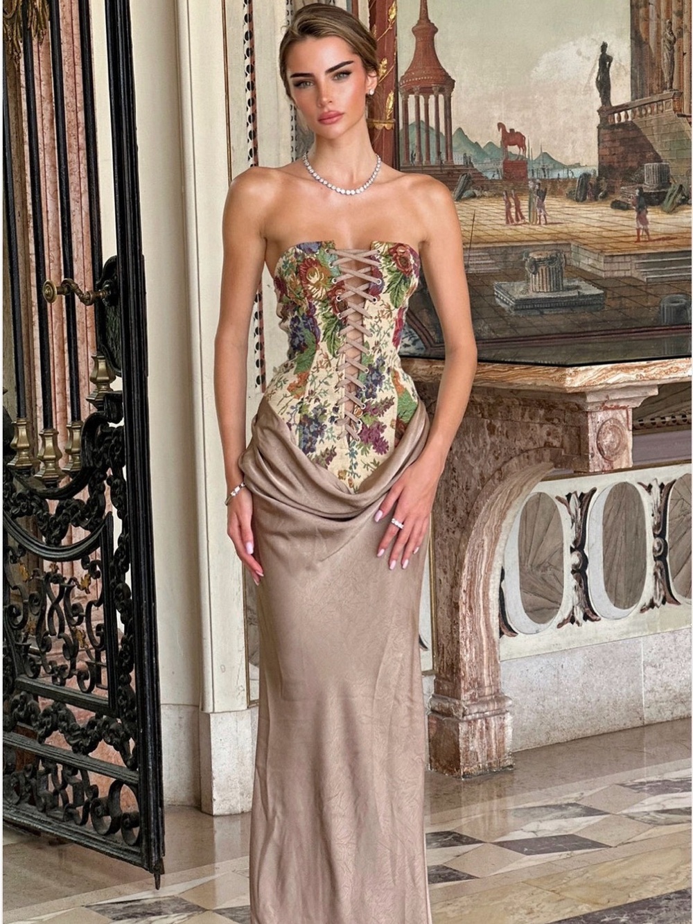 Fashion Nova Strapless Floral Corset with Taupe Satin Skirt